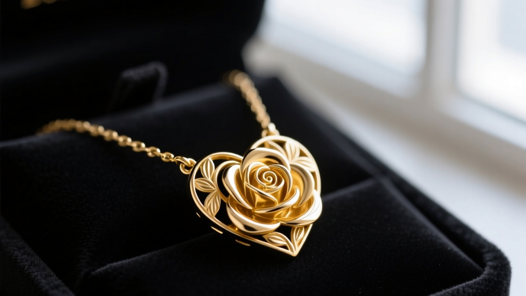 Close-up of a 14k gold rose heart necklace on dark velvet, soft lighting highlighting intricate floral engraving and polished metal.
