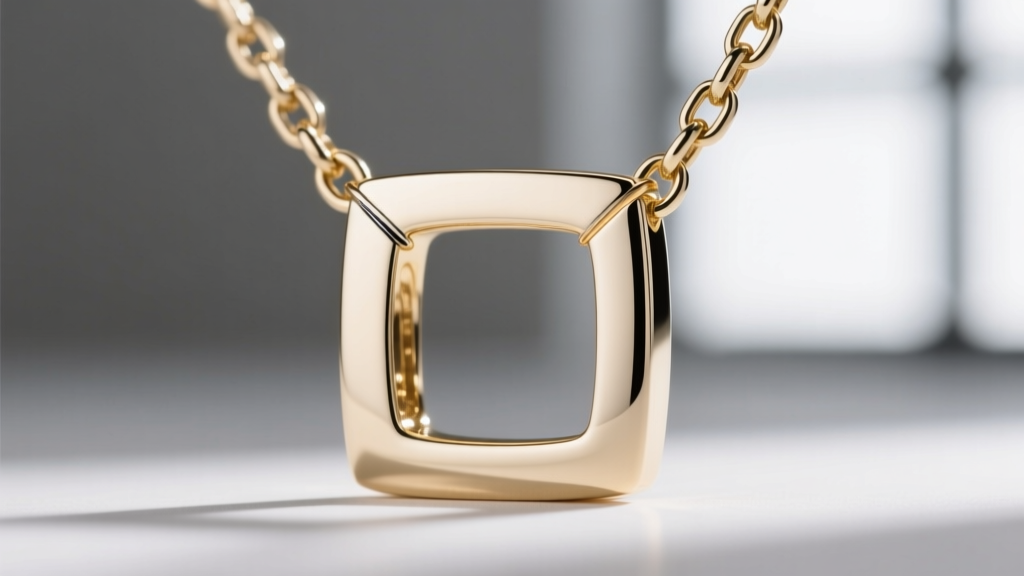 Extreme close-up of a 14k white gold square necklace chain link, showing the precise laser weld point and polished metal finish.