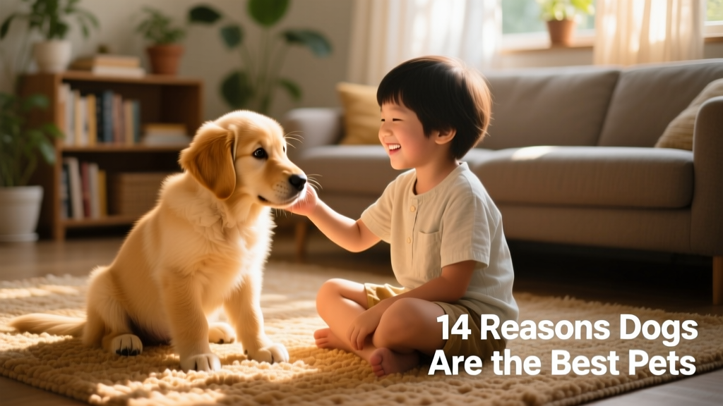 A golden retriever puppy playfully nuzzling a child’s hand as they sit together on a sunlit rug