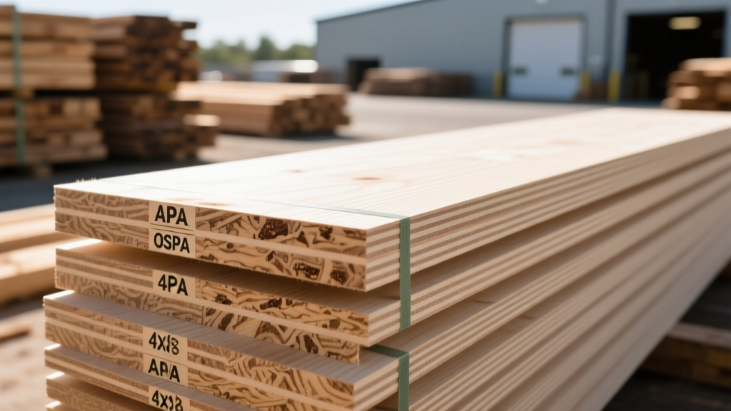 Close-up of stacked 4x8 structural plywood and OSB wood sheeting panels in a lumber yard showing APA grade stamps and edge seals
