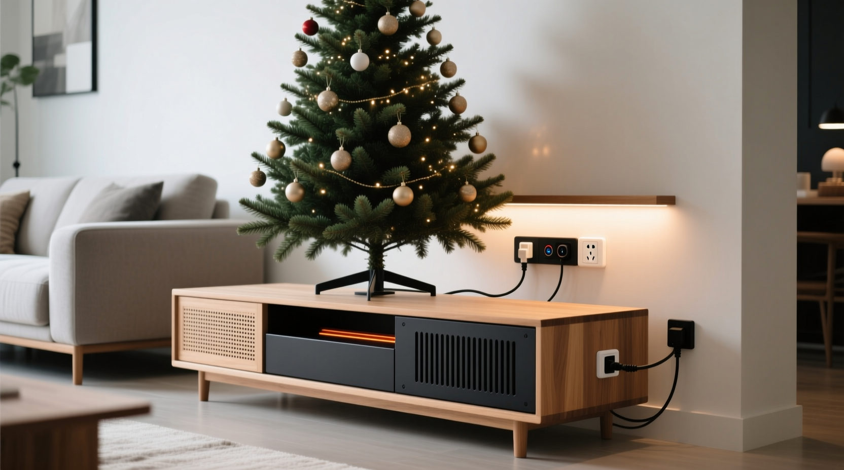 how to hide power strips behind christmas tree stands without overheating risk