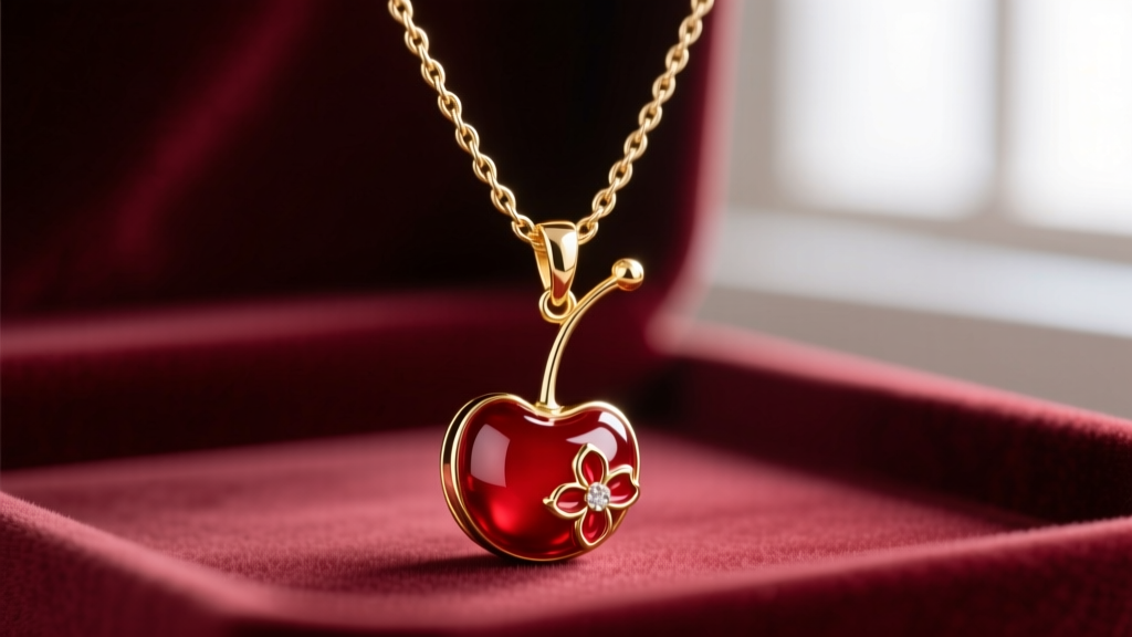 Macro shot of a 14k gold cherry necklace pendant featuring vibrant red vitreous enamel and a delicate cable chain on velvet