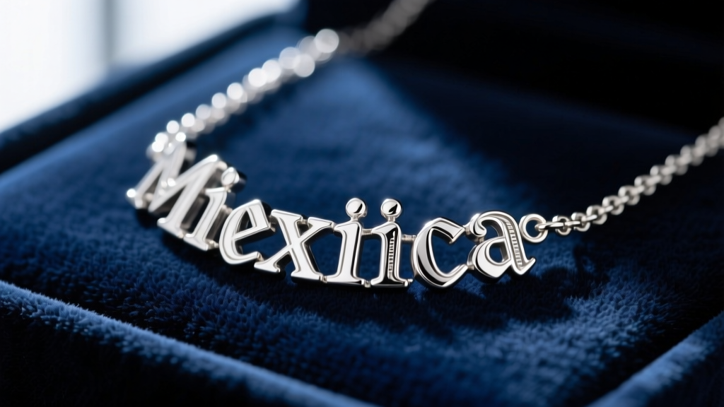 Close-up of a polished 925 sterling silver Mexican name necklace featuring an Old English font, resting on dark textured velvet.