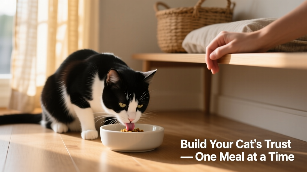 Cat calmly eating from a clean, shallow food bowl placed in a quiet corner