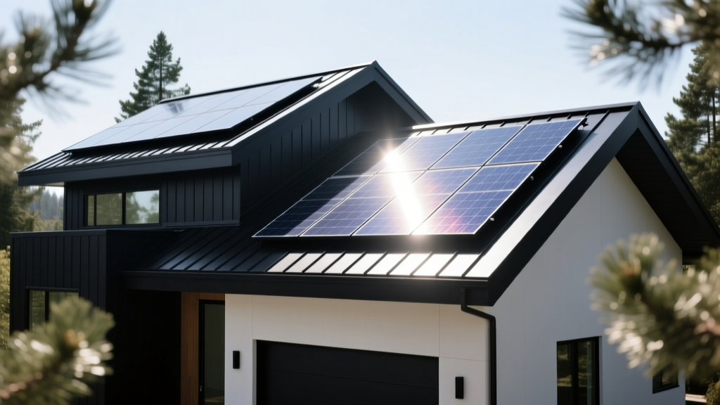 Modern home exterior showcasing a mix of dark standing seam metal roofing and integrated solar shingles under bright sunlight