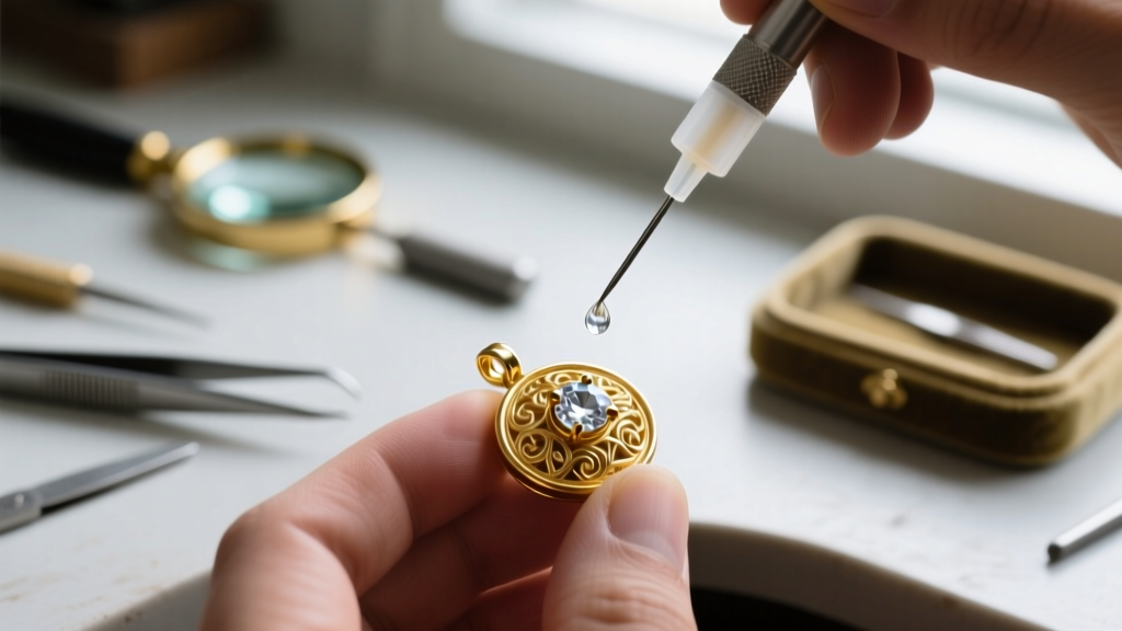 Macro photography of a jeweler using a fine-tipped needle to apply clear adhesive to a missing rhinestone on a gold metal charm
