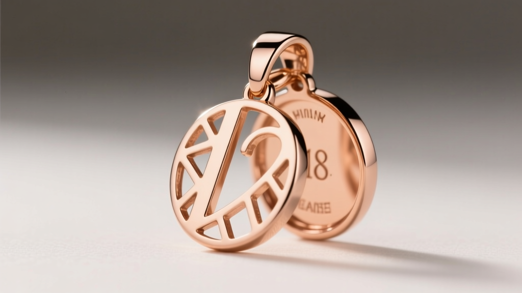 Macro photography of a laser-cut 18k rose gold initial pendant showing the smooth polished edge and stamped hallmark on the back