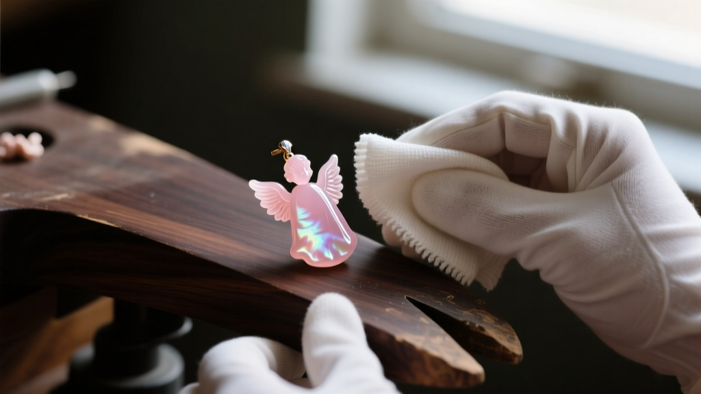 Cotton gloves gently wiping a pale pink angel skin coral pendant with a damp microfiber cloth on a dark wooden jeweler workbench.