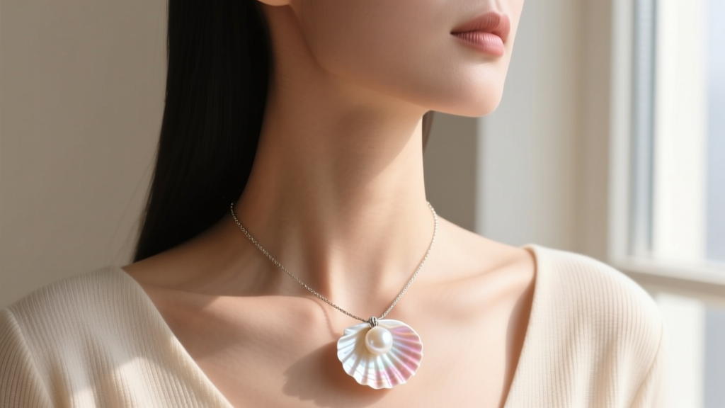 Woman wearing a paper shell pearl pendant on a thin cable chain, photographed from the collarbone up in soft, natural daylight.