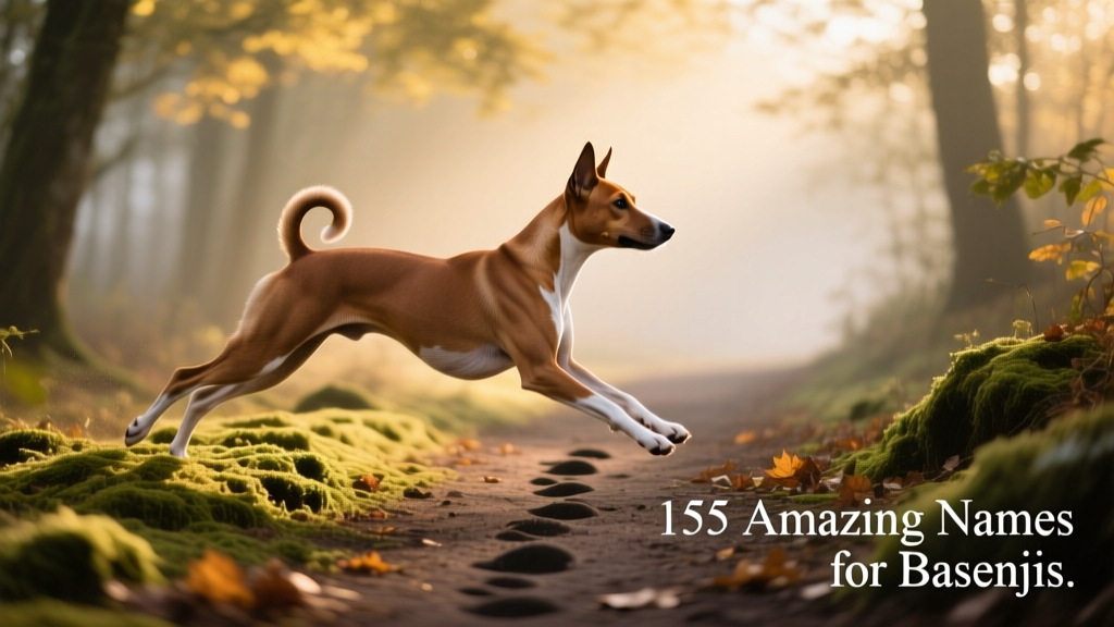 A Basenji mid-stride on a forest path, highlighting their lean musculature, glossy coat, and effortless gait