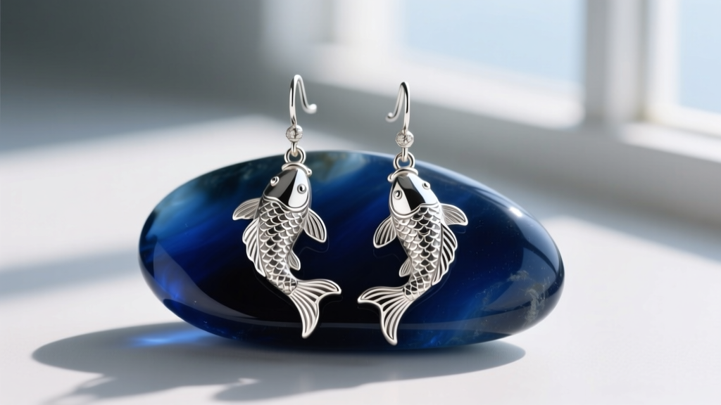 Polished 925 sterling silver koi fish dangle earrings resting on dark blue sea glass, illuminated by soft natural window light