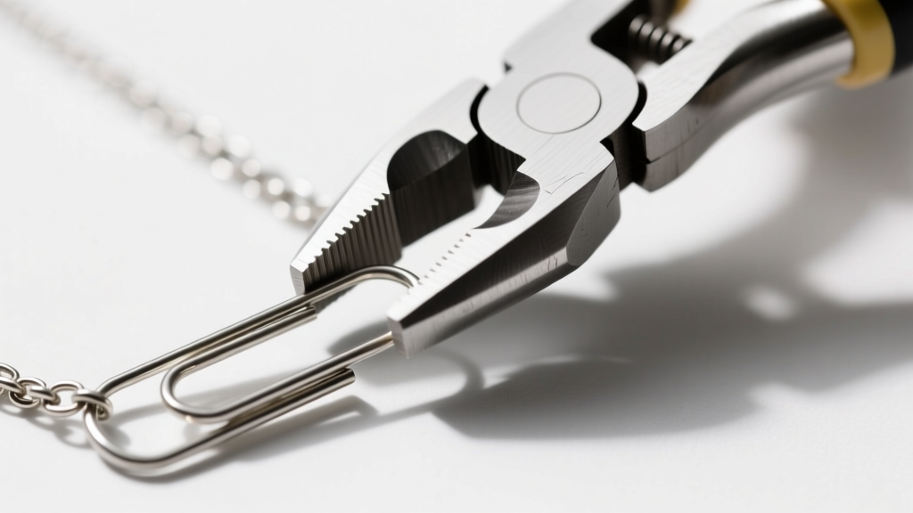 Flat-nose pliers gently squeezing a warped stainless steel paperclip necklace link back to its original rectangular shape on mat.