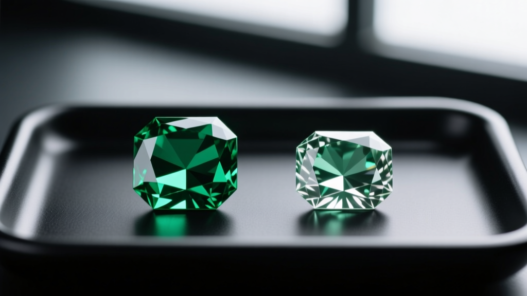 Macro photo of lab-grown and natural emerald cut diamonds side-by-side, showing identical clarity grades on a dark jeweler's mat.