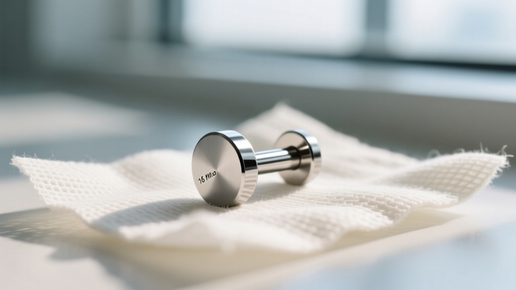 Macro shot of a 16-gauge titanium labret stud on sterile gauze, showing its smooth mirror finish and flat back.