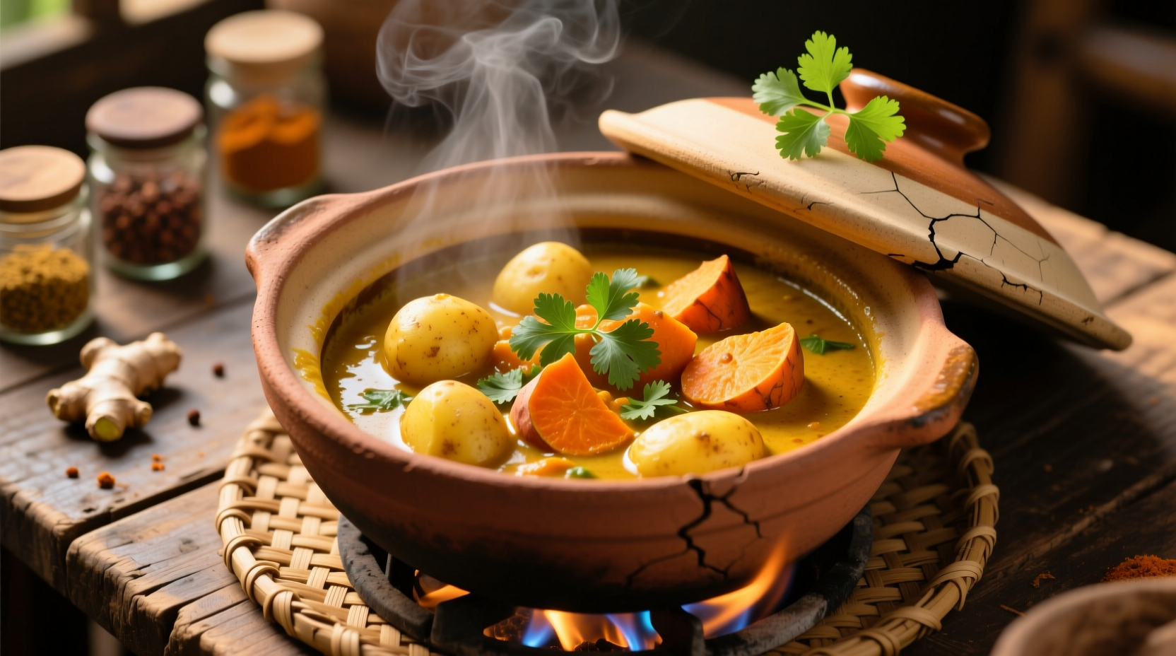 Golden potato and sweet potato curry in clay pot