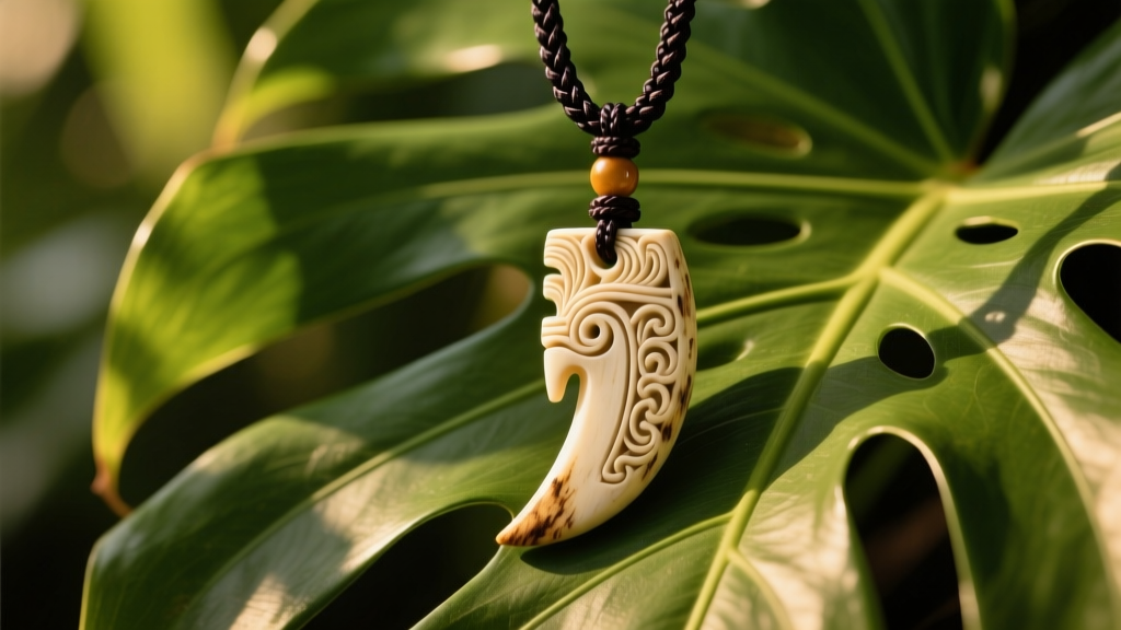 Traditional bone Hawaiian niho palaoa pendant on a dark braided cord against vibrant green tropical leaves in warm light