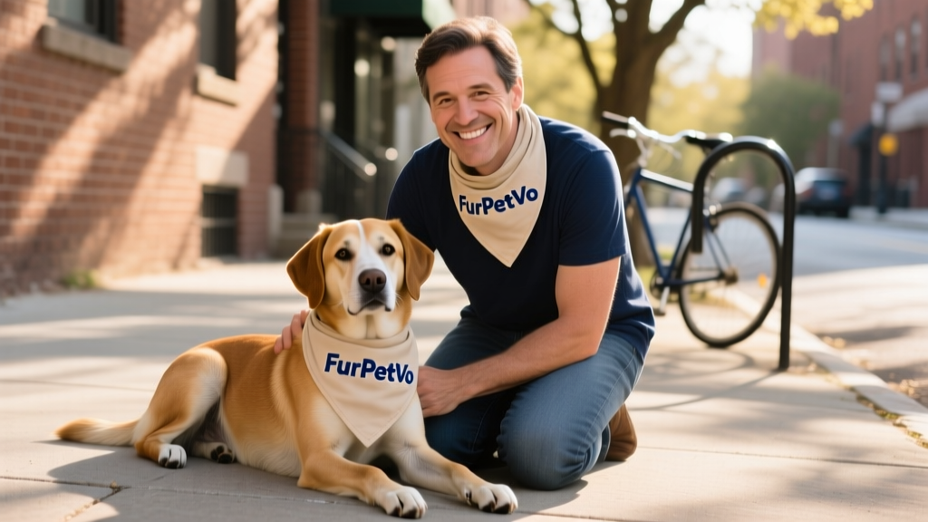 An adult adopter smiling warmly while kneeling beside a relaxed, middle-aged rescue dog on a sunlit sidewalk — both wearing matching FurPetVo-branded bandanas
