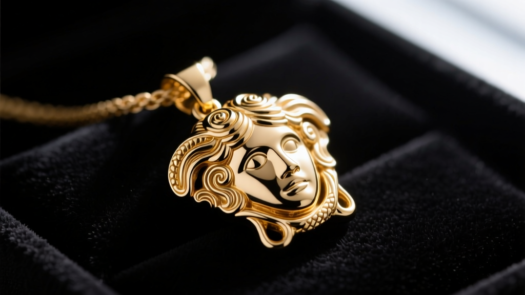 Macro shot of gold-tone Versace Medusa pendant on black velvet, showing intricate hair details and polished PVD coating.