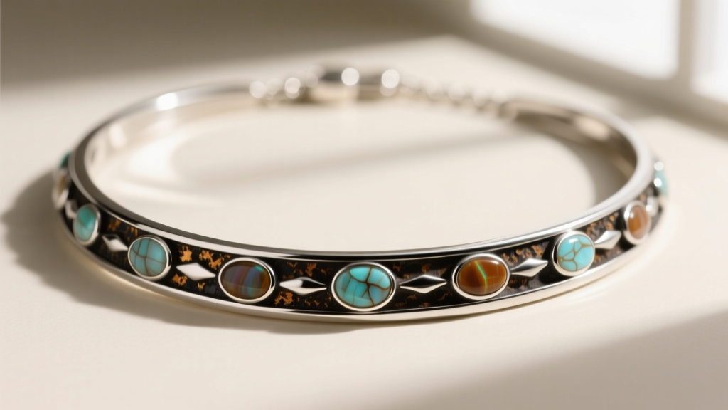 Macro shot of a silver necklace with howlite inlays showing dark oxidation buildup around the metal bezel edges in bright light.