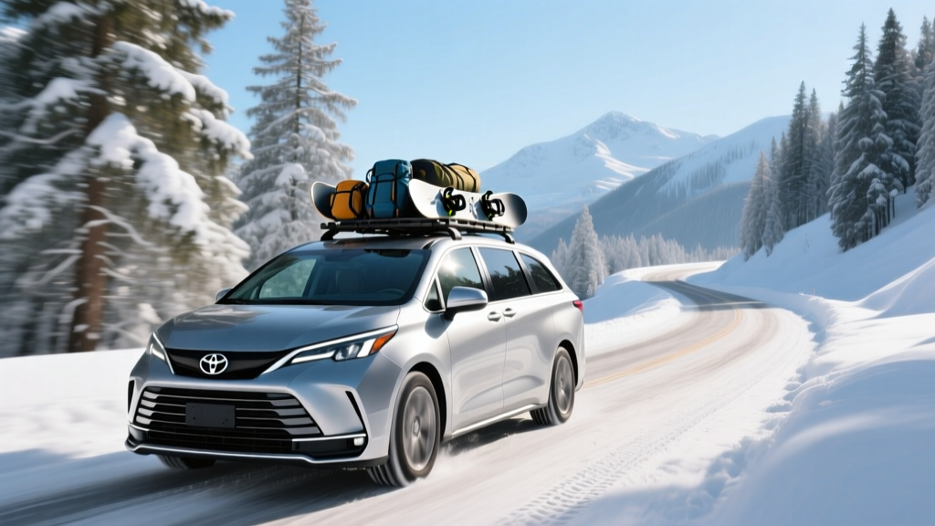 2026 Toyota Sienna Woodland Edition driving through a snowy mountain pass with a roof rack installed