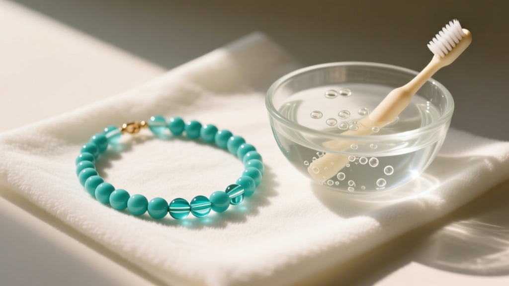 DIY beaded turquoise and glass necklaces on a microfiber cloth beside a bowl of soapy distilled water and a soft baby toothbrush.