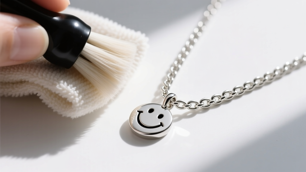 Soft microfiber cloth buffing a sterling silver cable chain attached to a smiley pendant, highlighting the intricate metal links.