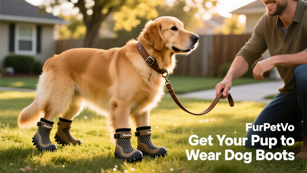Dog standing confidently on grass wearing FurPetVo all-terrain boots, with leash attached and owner kneeling beside