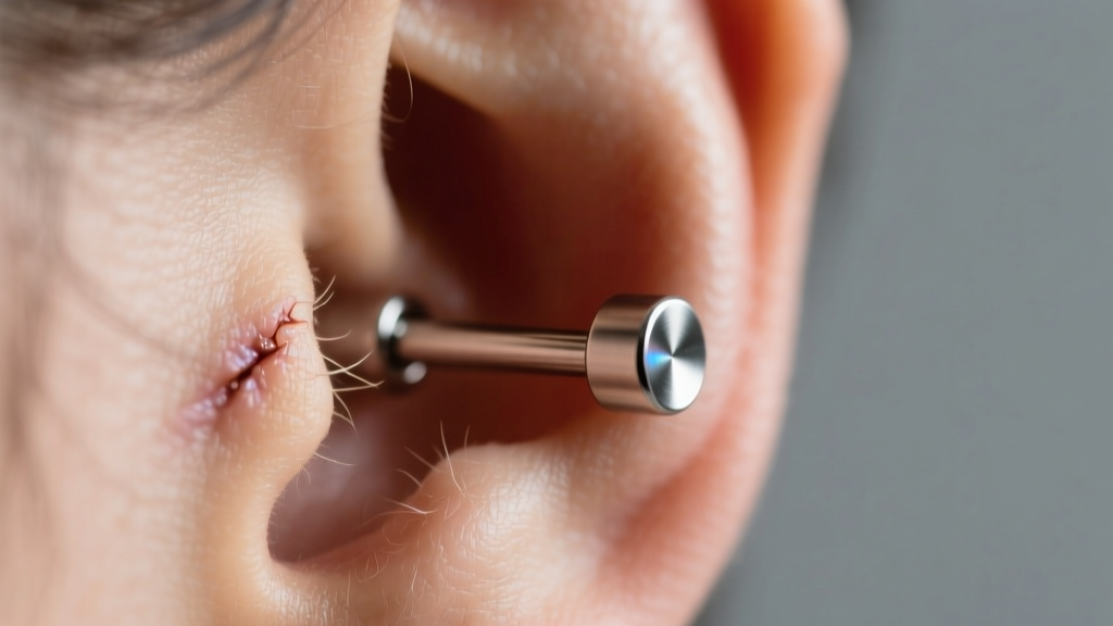 Close-up of a healed standard 18-gauge earlobe piercing wearing a simple titanium stud, soft studio lighting, macro photography.