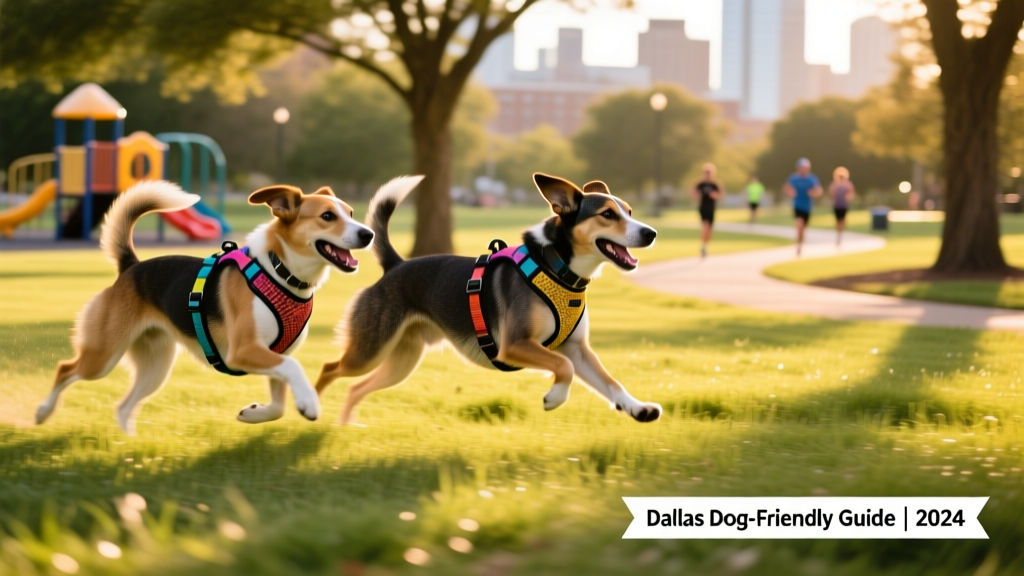 two dogs wearing harnesses running through a grassy park in Dallas