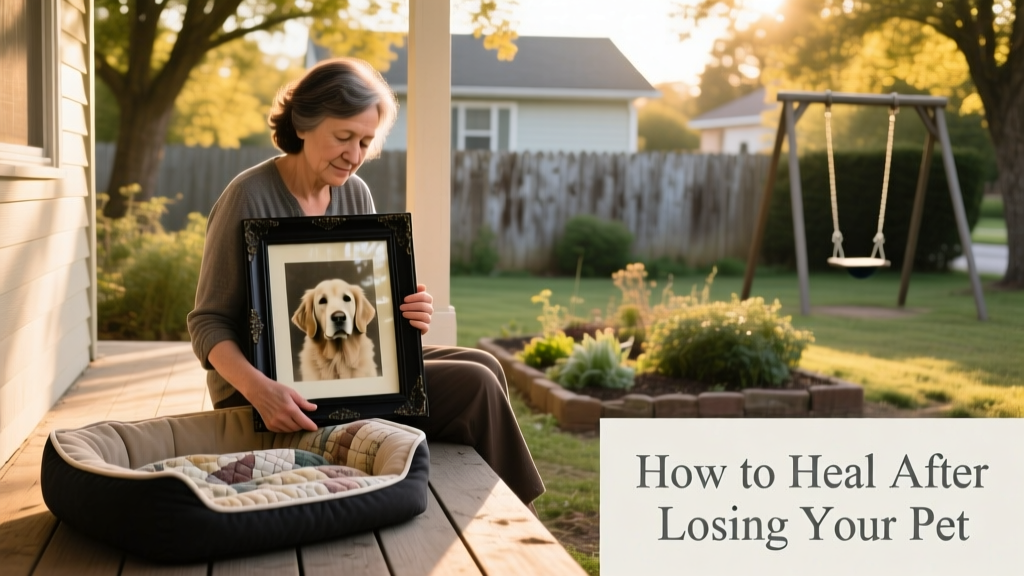 A person gently holding a framed photo of their dog while sitting beside an empty pet bed