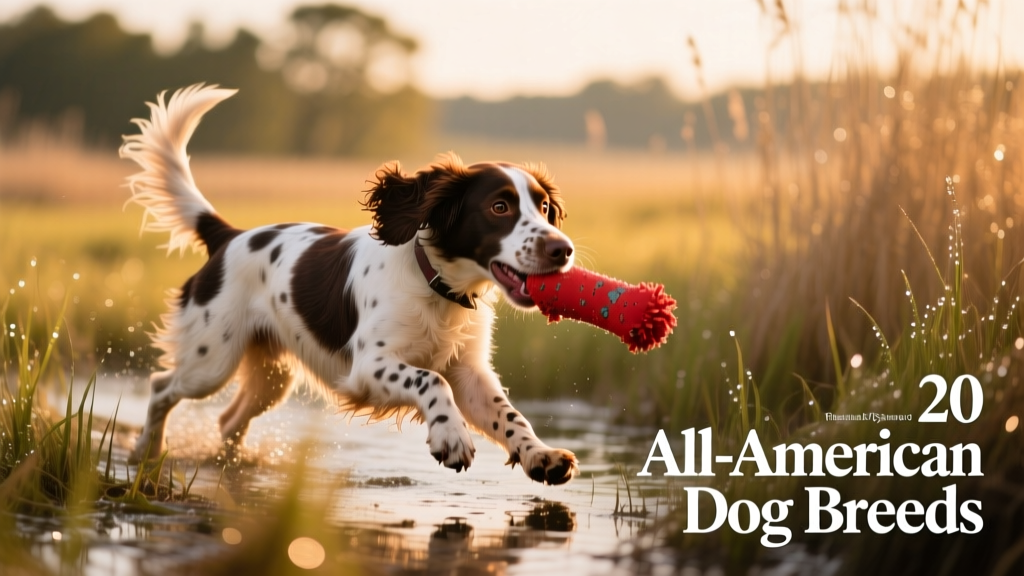 Boykin Spaniel retrieving a toy in a sunlit marshy field, tail wagging energetically