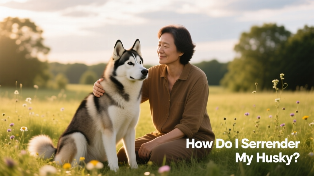 A calm, well-groomed Siberian Husky sitting beside a person in a quiet outdoor setting