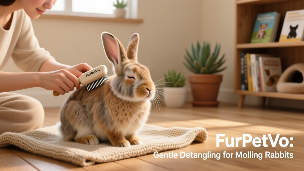 Rabbit owner using a FurPetVo detangling comb on a calm rabbit