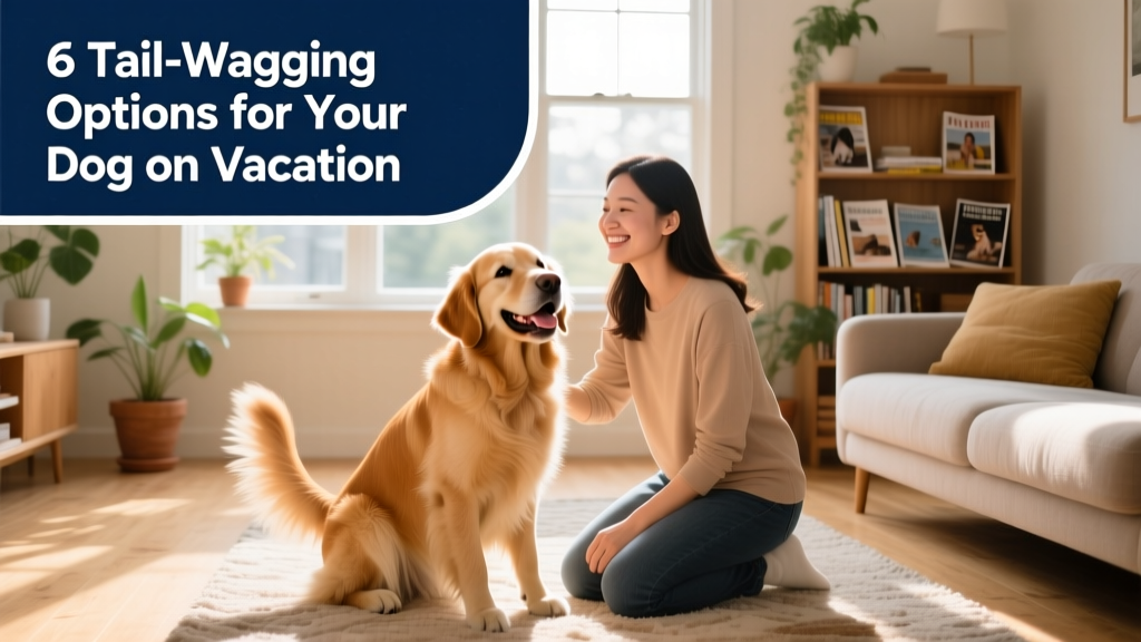 A friendly dog sitter kneeling beside a relaxed, smiling dog in a sunlit living room