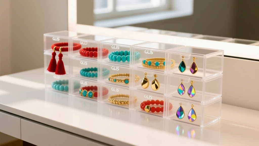 Stacked clear GLIS boxes on a modern vanity, separating colorful beaded bracelets and chunky resin earrings for easy daily viewing