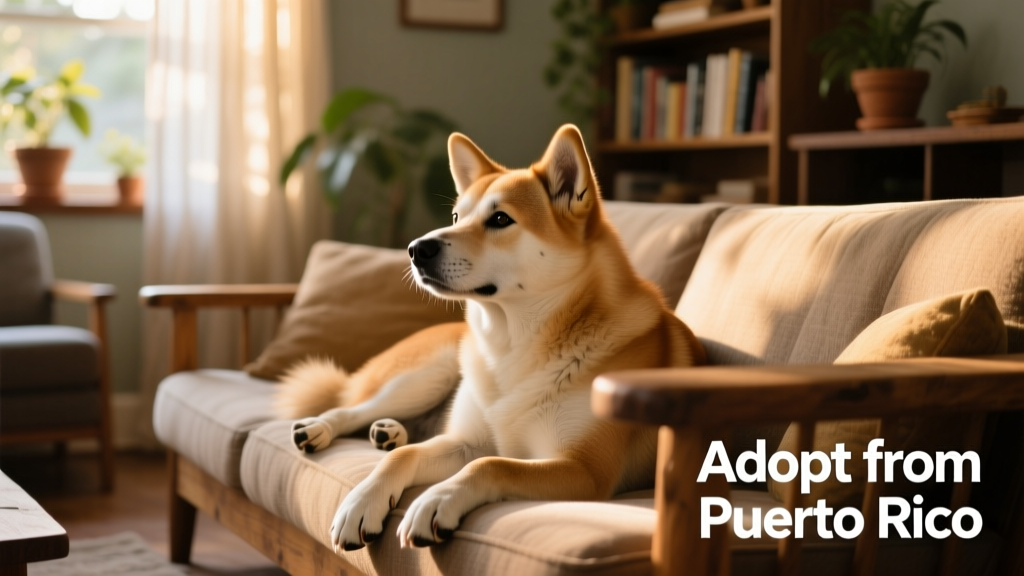 A Sato dog resting calmly beside a cozy living room sofa, looking relaxed and content