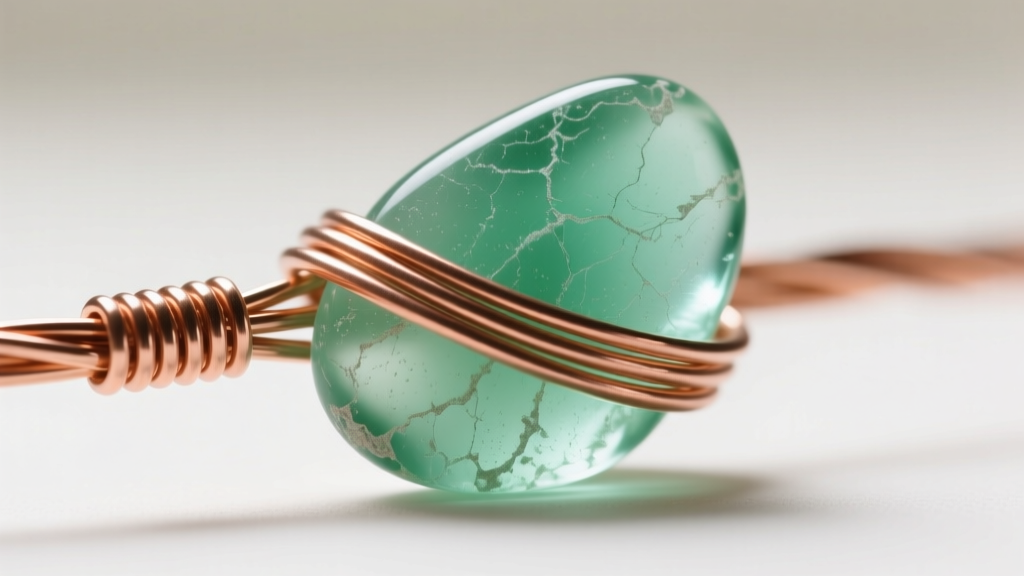 A macro photography shot of a copper wire harness wrapping a piece of frosted seafoam green beach glass, highlighting the protective clear polymer coating reflecting a soft studio light.