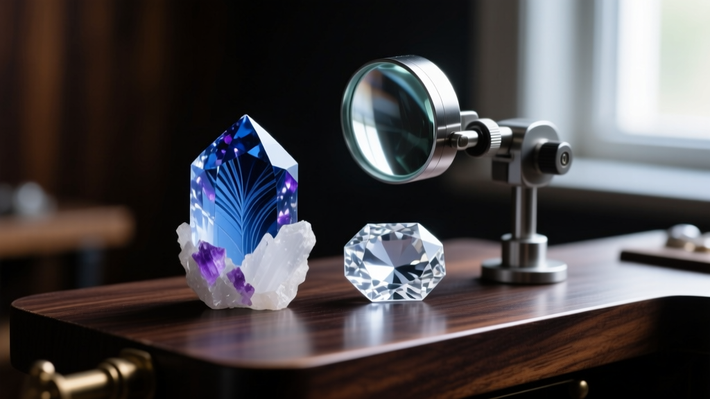 Macro view of natural sapphire inclusions beside a lab sapphire, viewed through a 10x loupe on a dark wooden jeweler