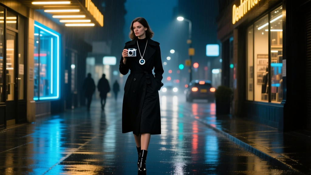 A woman discreetly adjusting a covert spy camera disguised as a pendant necklace while walking alone at night in an urban setting.