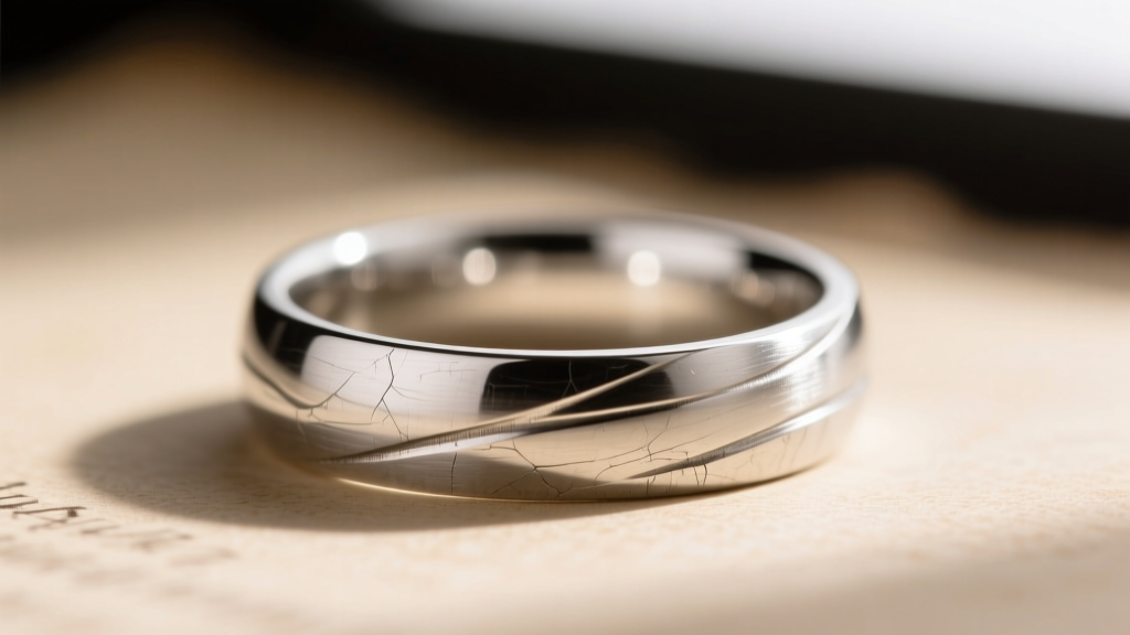 Macro shot of a vintage 950 platinum wedding band showing a natural satin patina, highlighting the displaced metal surface texture.