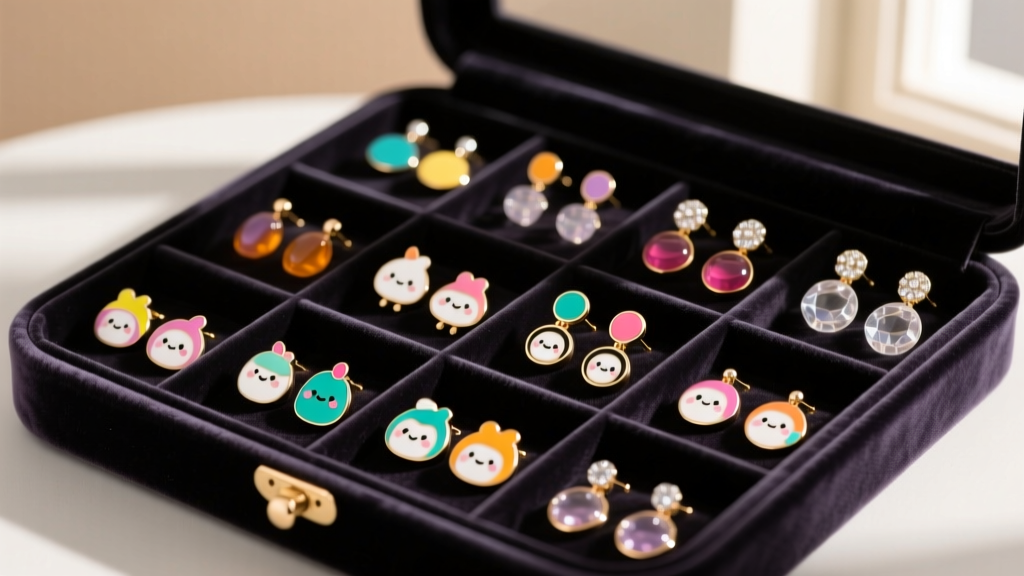 Velvet jewelry organizer displaying various Squishmallow enamel and acrylic earrings stored safely in individual padded slots.