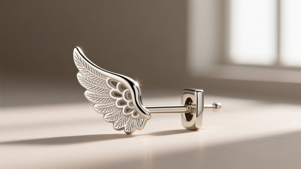 Side view of a 20-gauge sterling silver angel wing earring post with a locking clutch, macro lens, neutral backdrop, crisp detail