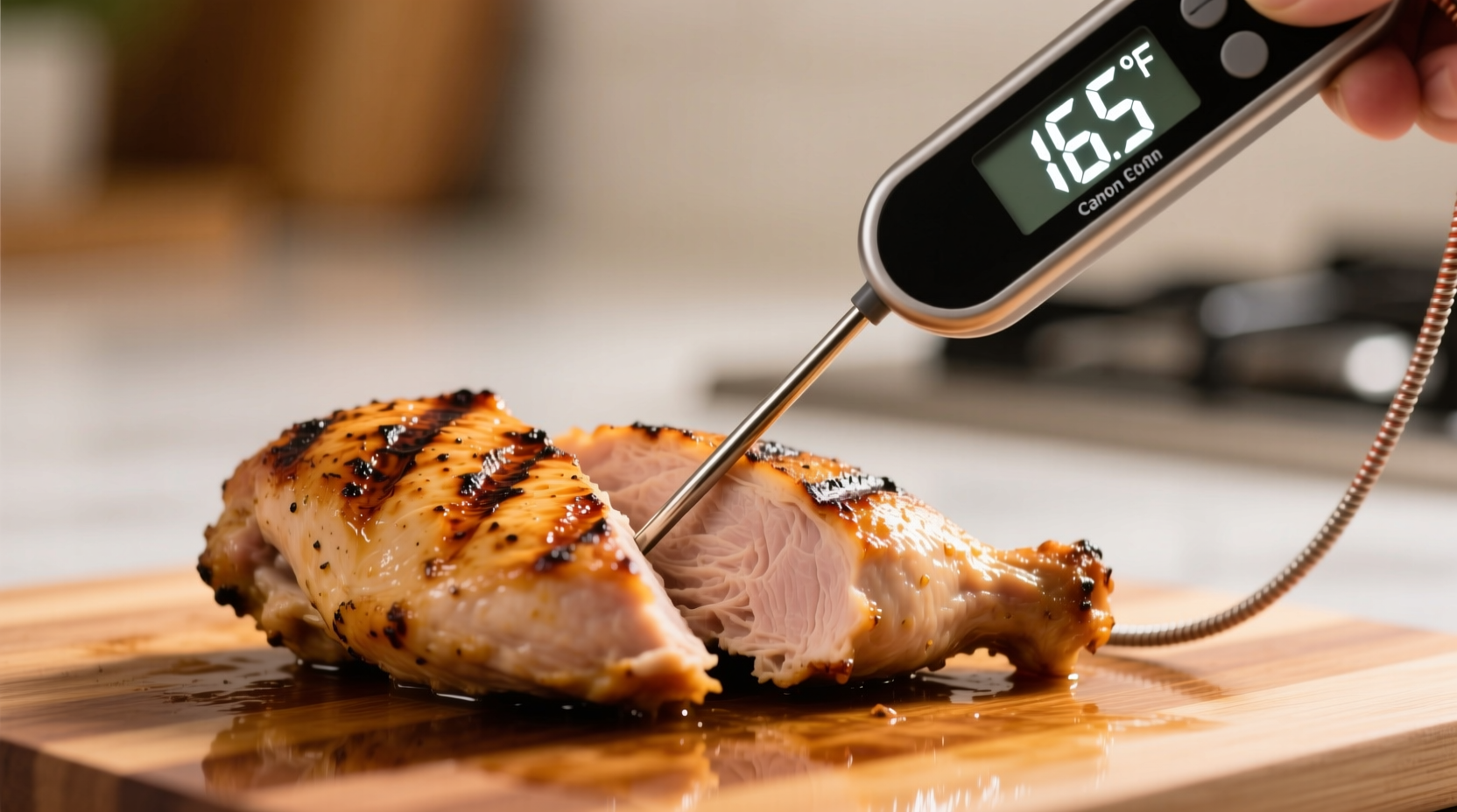 Food thermometer measuring chicken breast temperature