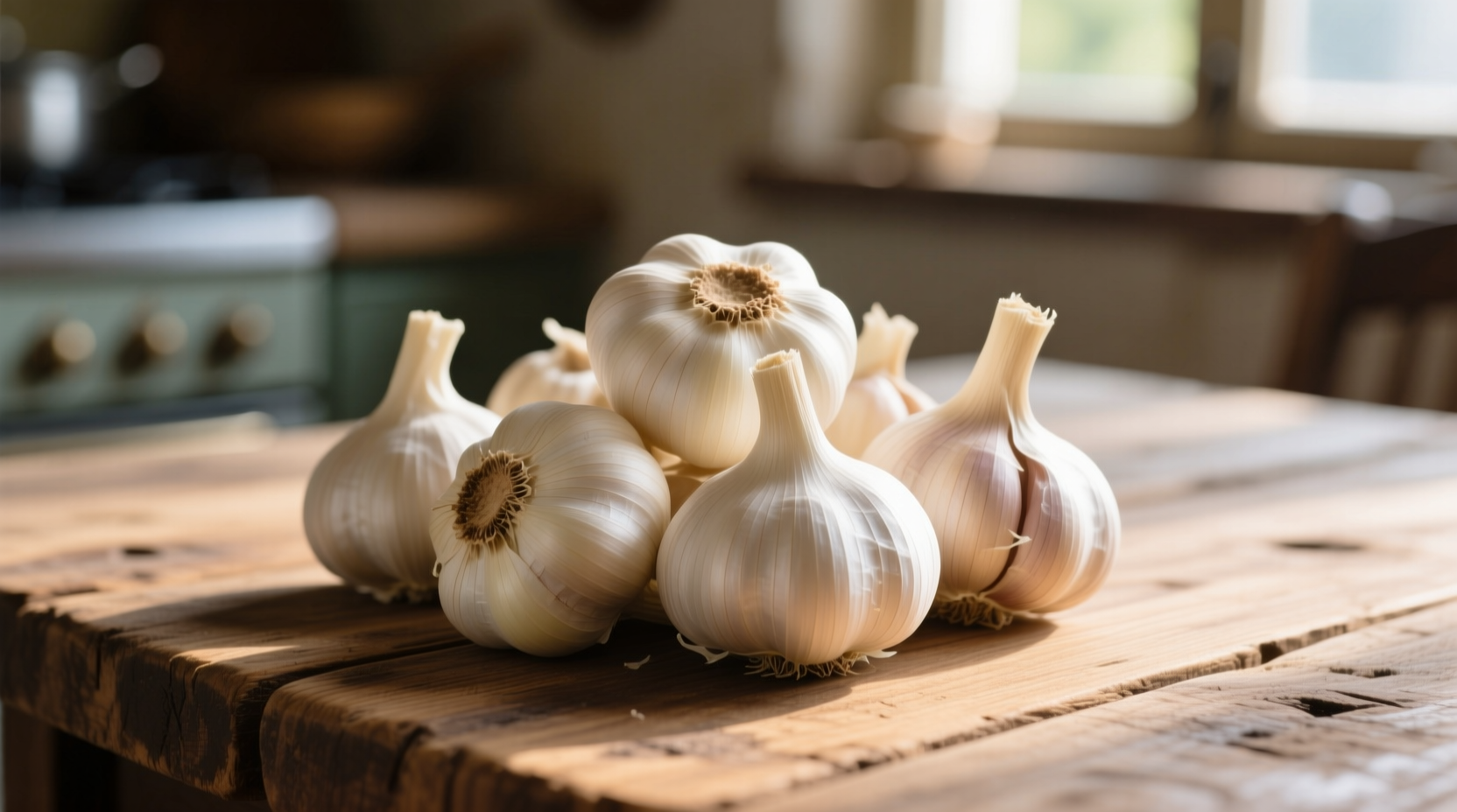 Fresh whole garlic bulbs with papery skin on wooden table