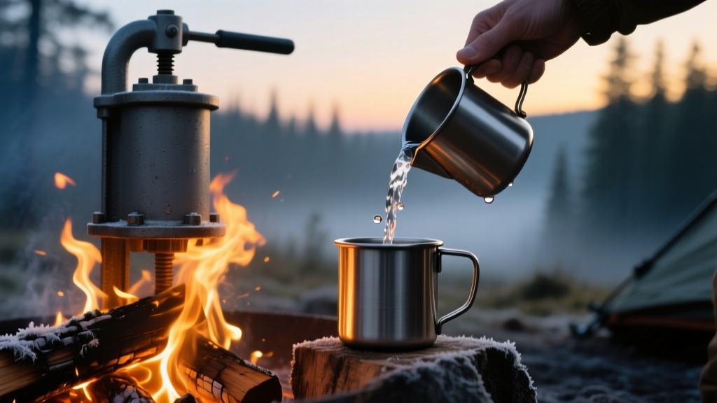 Camper pouring clear water from a rugged gray purification press into a steel camp mug beside a roaring fire pit at twilight.