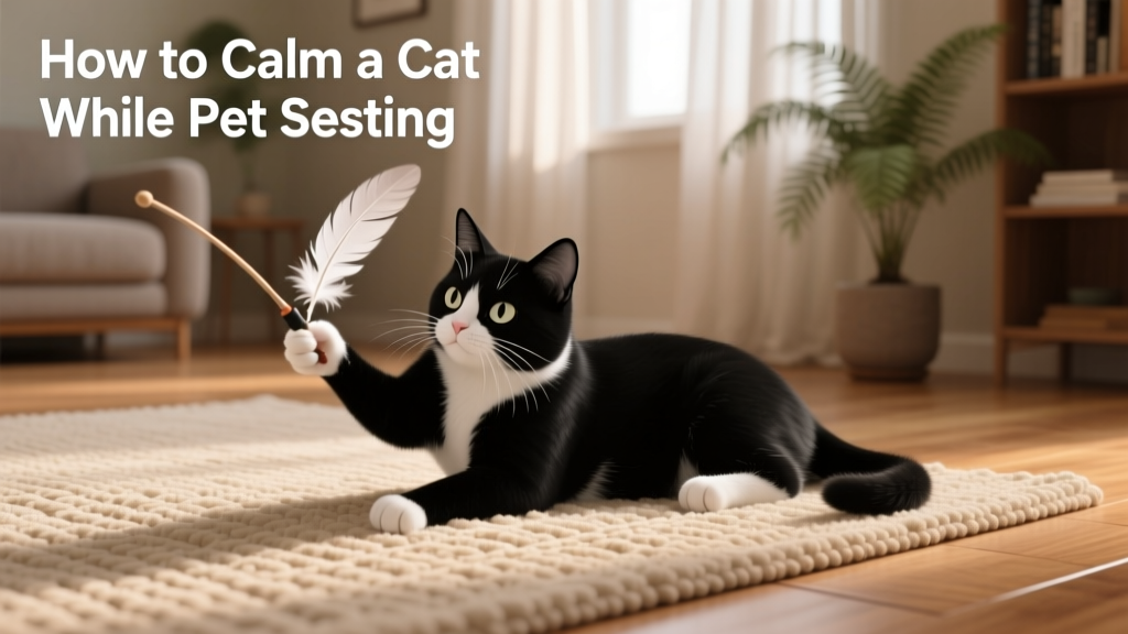 A black-and-white cat gently batting at a feather wand toy on a cozy rug