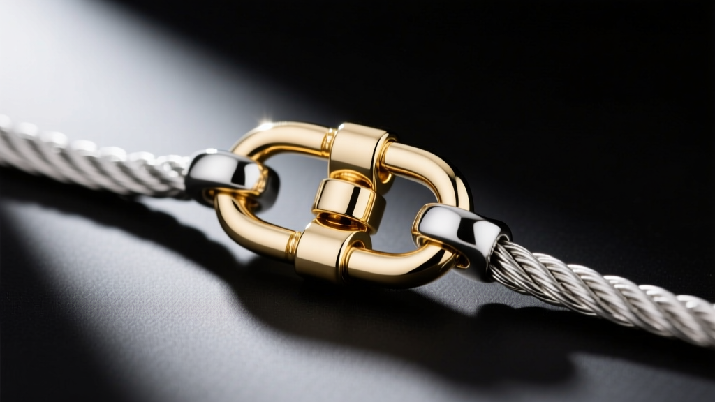 Macro shot of a heavy-duty 14k white gold lobster clasp on a 32-inch steel cable chain, highlighting jump ring soldering details