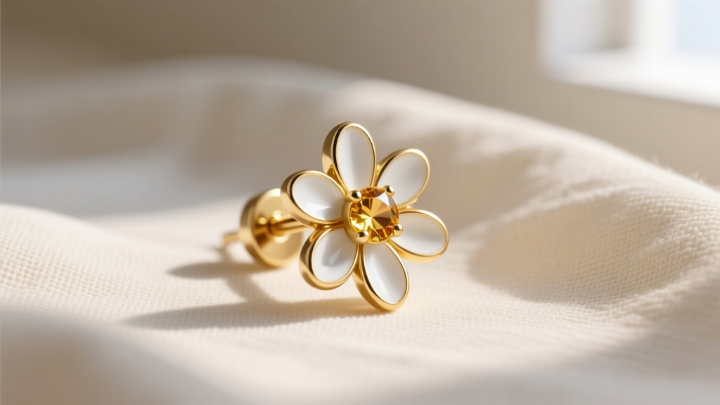 Close-up of 14k gold daisy earring stud with white enamel petals and a citrine center, resting on soft linen fabric background.