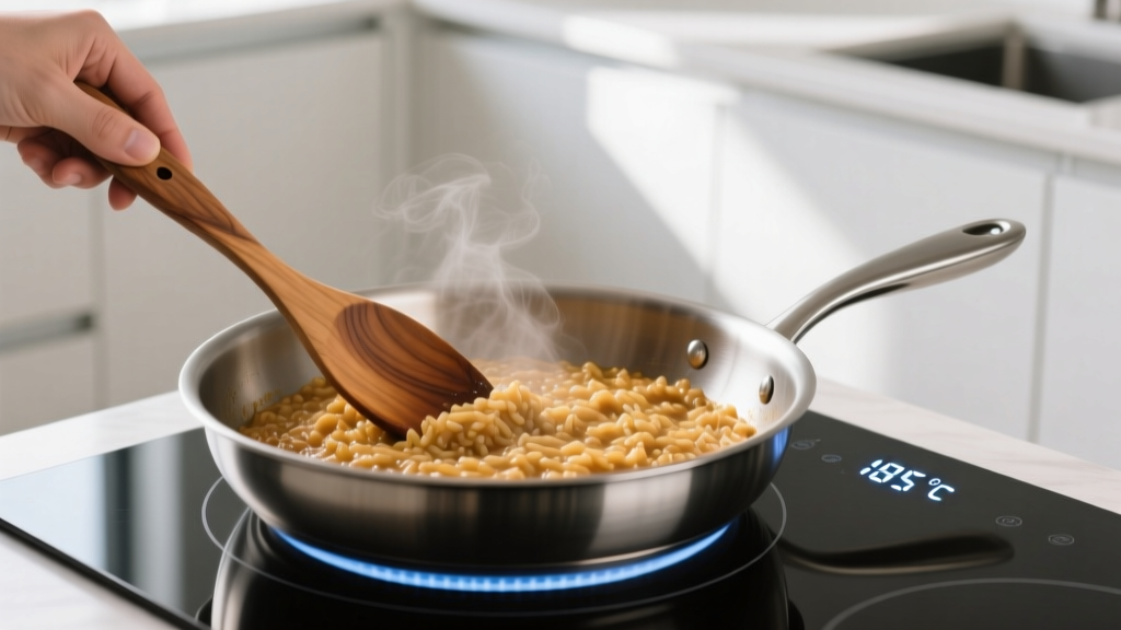 Hand holding smooth olivewood spatula stirring food in a smart induction cooktop pan with glowing digital temperature display