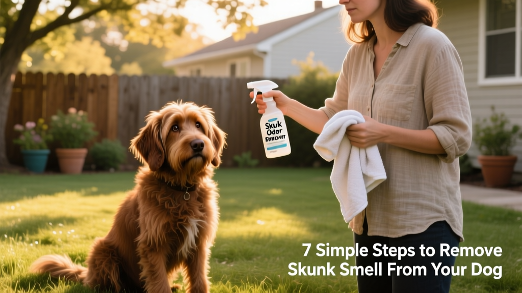Dog sitting outdoors, looking slightly embarrassed but unharmed, with owner nearby holding a towel and spray bottle